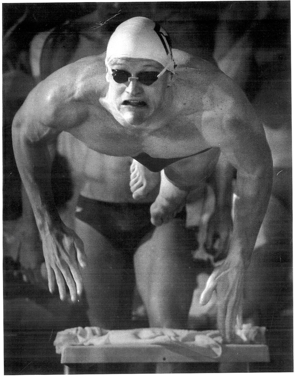 Todd Pace on the starting block before a sprint freestyle race